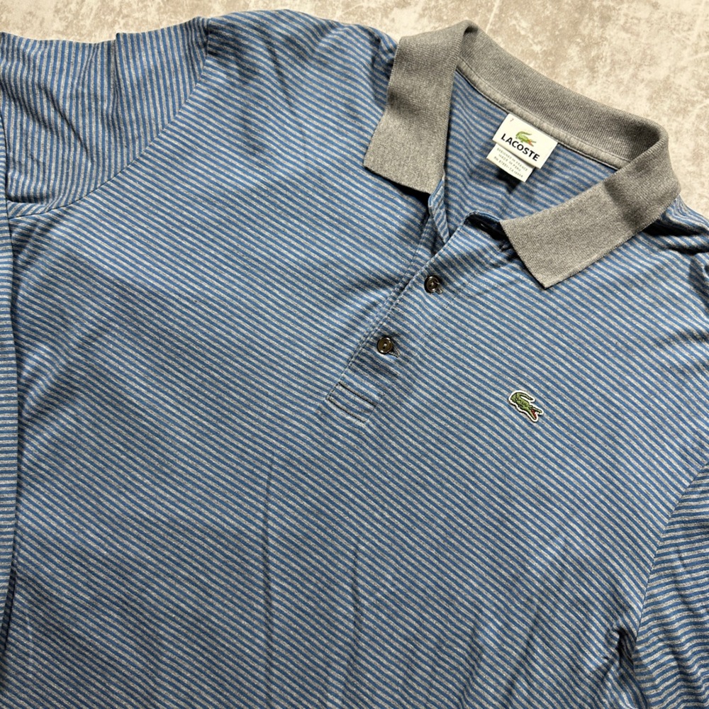 Lacoste Polo Shirt Men Size 7 Blue Gray Striped Long Sleeve Classic Logo